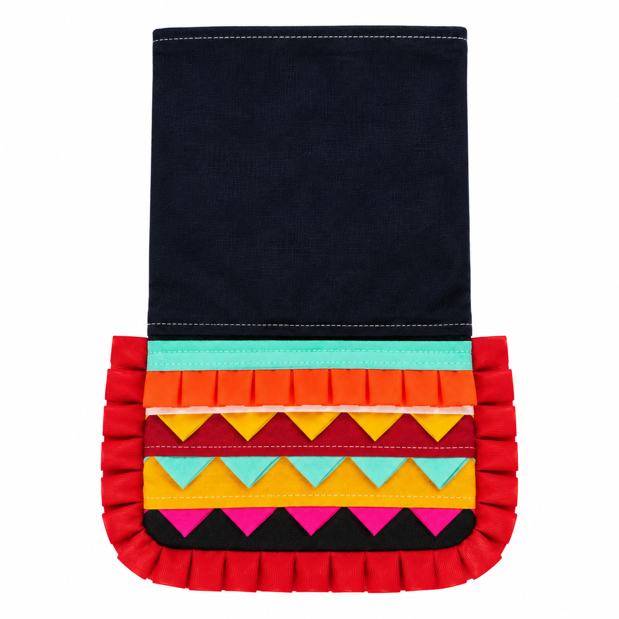 Pishavi  | Navy Textile With Colorful Ruffled Trim  | Gawakadcha