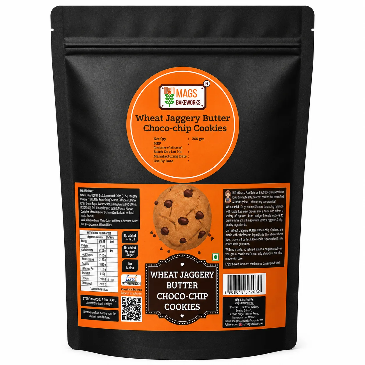 Whole Wheat Jaggery Butter Chocochip Cookies | Healthy Choco Cookies | MAGS Bakeworks | Gawakadcha